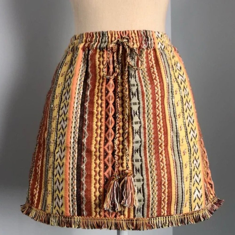 Calypso St. Barth Gideona Woven Aztec Print Beaded Fringe Mini Skirt
